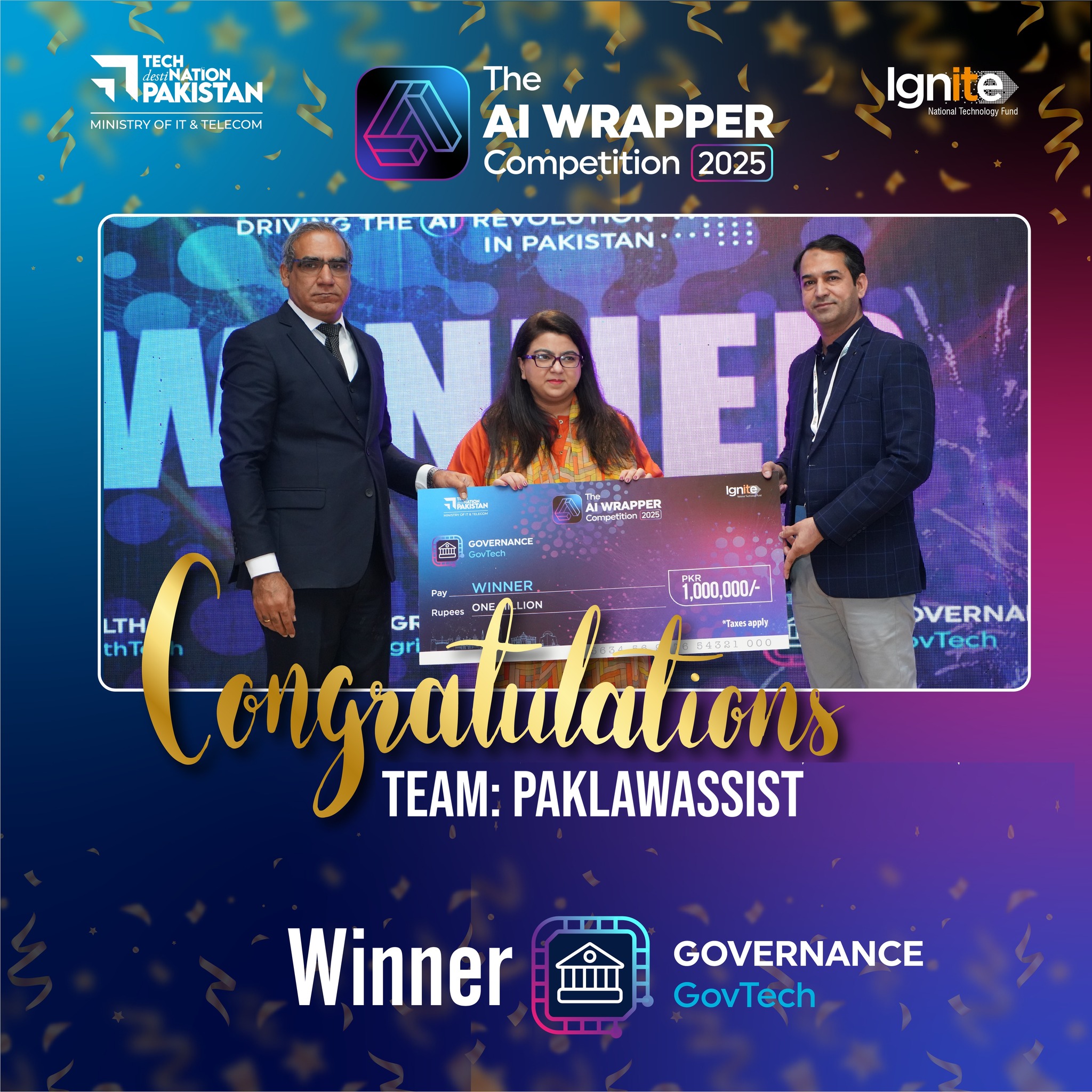 Paklawassist team receiving the winner's award at the AI Wrapper Competition 2025 from Ignite.